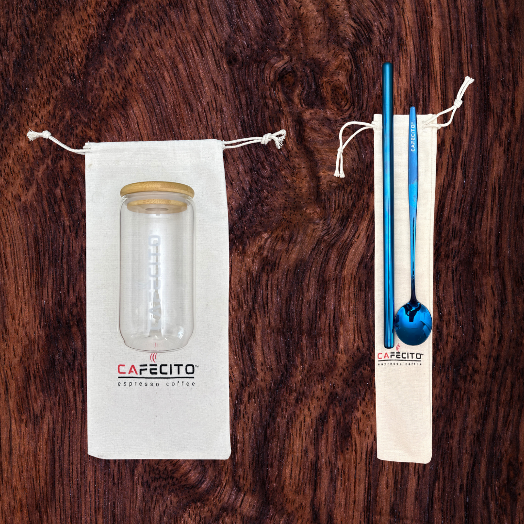 CAFECITO® Iced Coffee Starter Kit – 16 oz Glass Tumbler with Lid, Platinum Blue Spoon and Straw, Cleaning Brush and Storage Bags – Cold Brew and Iced Latte Gift Set