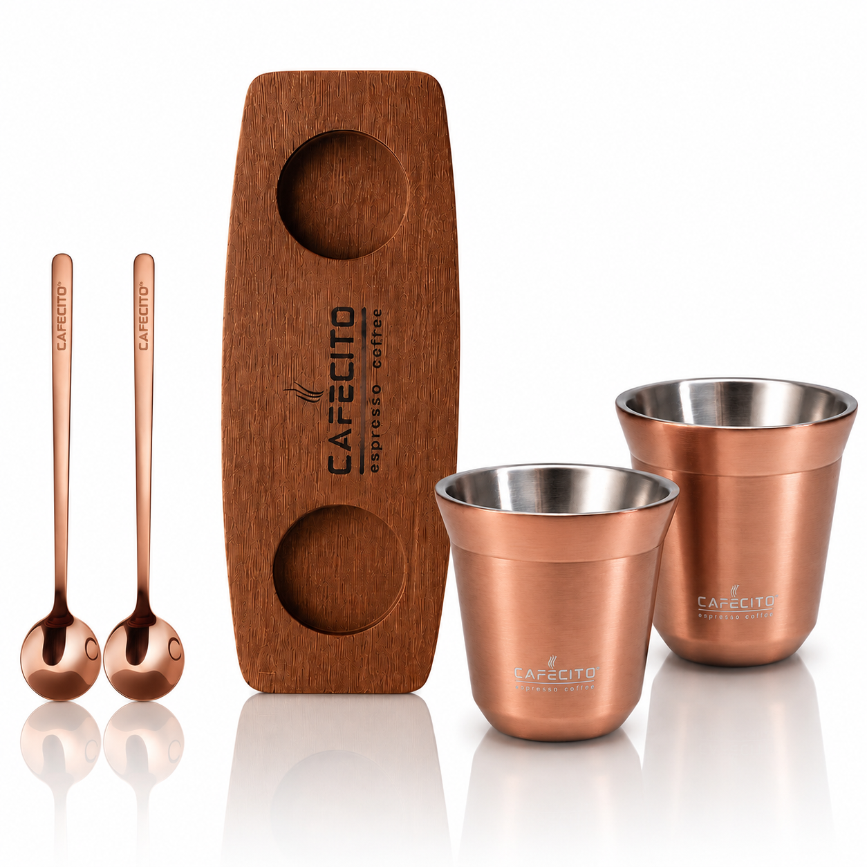 CAFECITO® Double Wall Espresso Cups – Set of 2 Stainless Steel Demitasse Cups with Solid Wood Base and 2 Coffee Spoons – Insulated Gift Set for Espresso, Cortadito and Cafecito