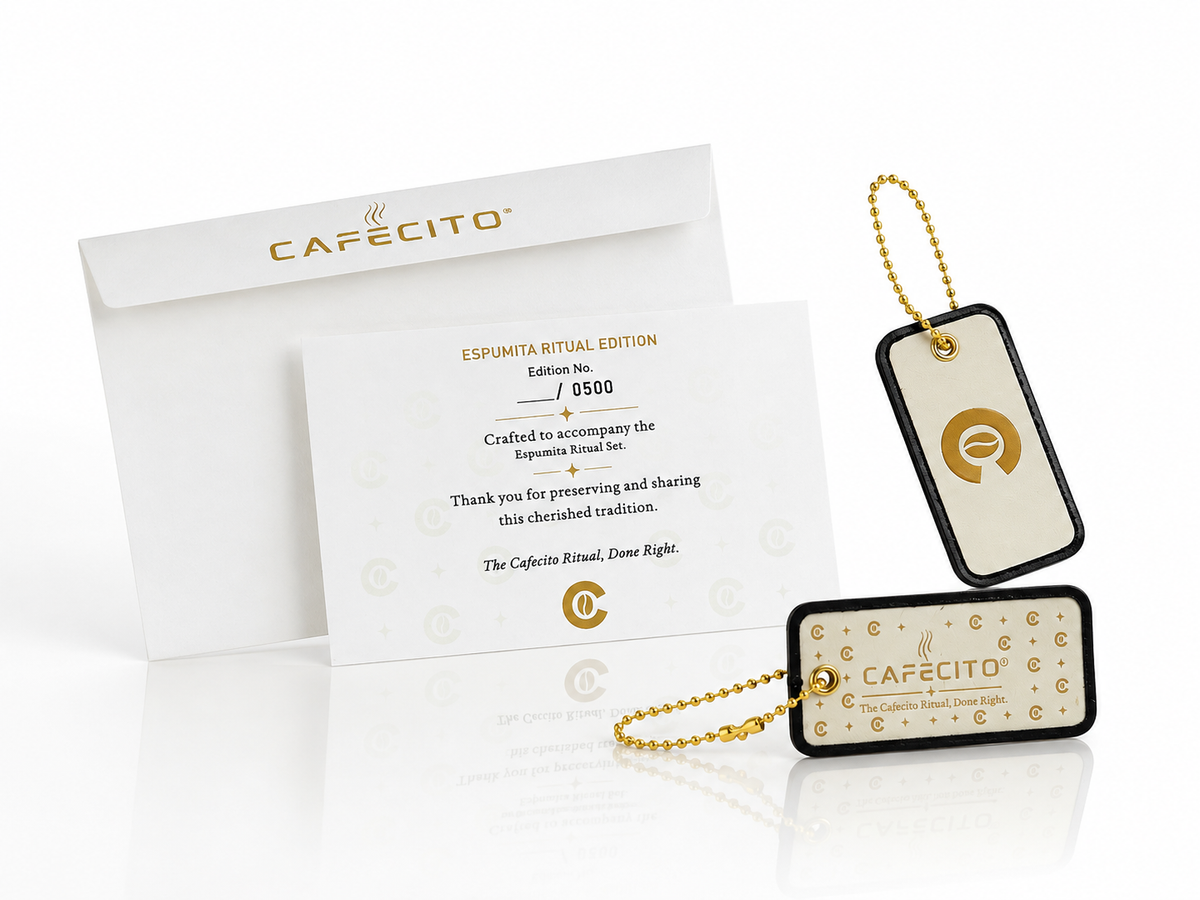 CAFECITO® Espumita Ritual Set – Limited Edition /500 – Cuban Coffee Preparation Set with 6 oz Stainless Steel Crema Pitcher & 2 Whisking Spoons – Premium Magnetic Gift Box