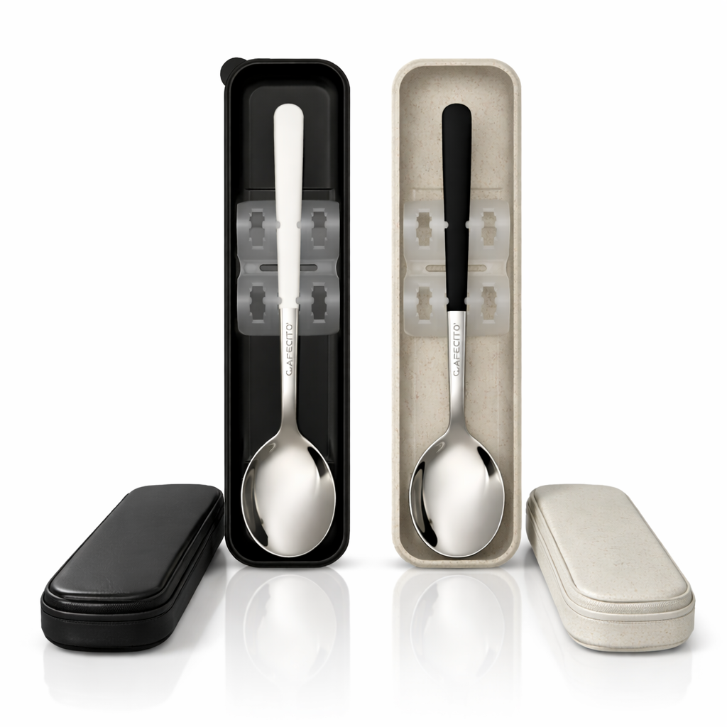 CAFECITO® Espumita Ritual Set with Spoon Cases – Cuban Coffee Preparation Kit with 6 oz Stainless Steel Crema Pitcher & 2 Espresso Whisking Spoons (Black & White) with Portable Storage Cases
