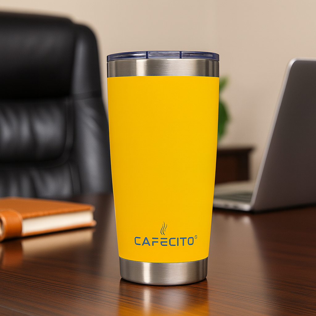 CAFECITO® 20 oz Stainless Steel Vacuum Insulated Tumbler with Slider Lid – Double Wall Travel Mug for Hot and Cold Drinks – BPA-Free, No-Sweat Design – Cup Holder Friendly – Miami Yellow