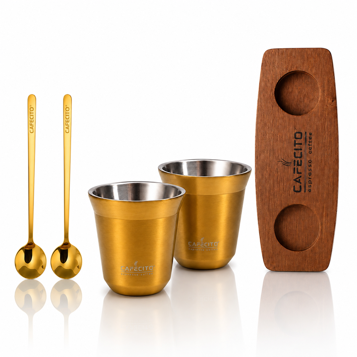 CAFECITO® Double Wall Espresso Cups – Set of 2 Stainless Steel Demitasse Cups with Solid Wood Base and 2 Coffee Spoons – Insulated Gift Set for Espresso, Cortadito and Cafecito