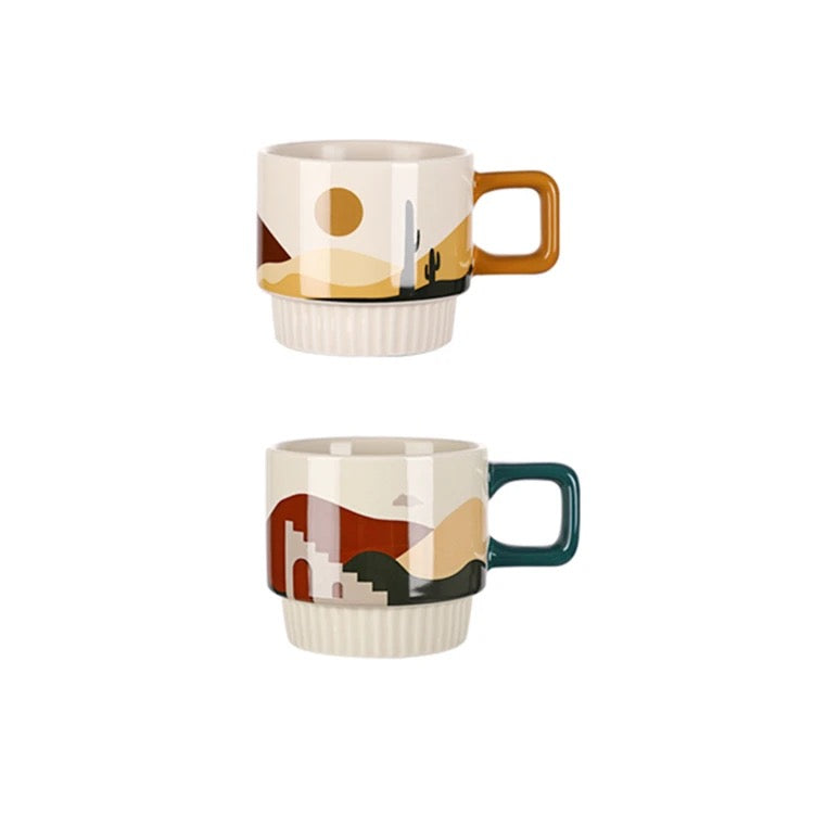 Modern Nordic Mid-Century Ceramic Coffee Mugs – Set of 2 – 11 oz Morandi Style Cups with Handle – Desert and Oasis Aesthetic Drinkware for Coffee, Tea and Lattes