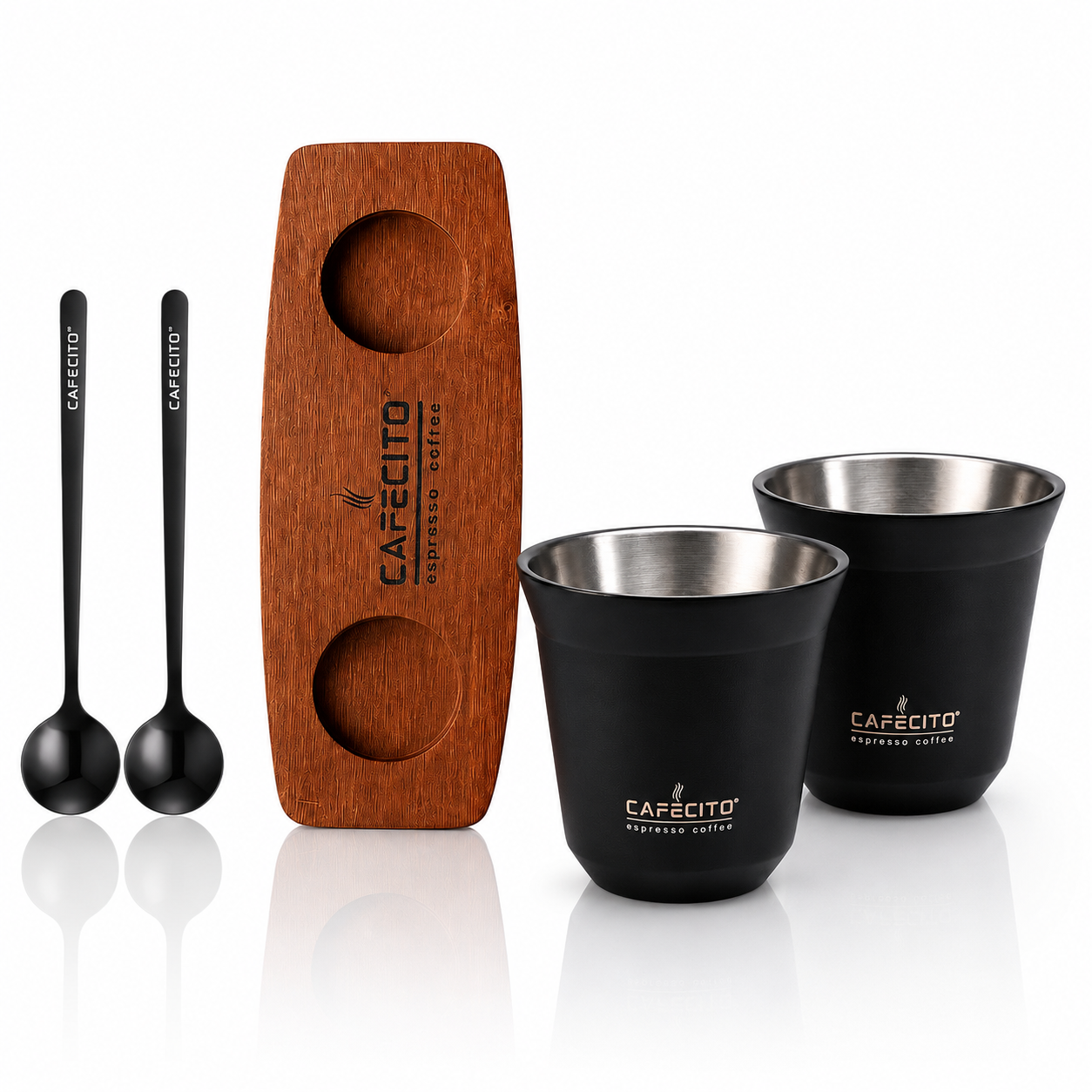 CAFECITO® Double Wall Espresso Cups – Set of 2 Stainless Steel Demitasse Cups with Solid Wood Base and 2 Coffee Spoons – Insulated Gift Set for Espresso, Cortadito and Cafecito