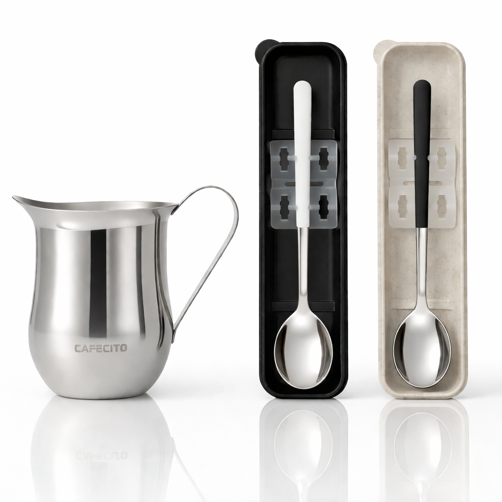 CAFECITO® Espumita Ritual Set with Spoon Cases – Cuban Coffee Preparation Kit with 6 oz Stainless Steel Crema Pitcher & 2 Espresso Whisking Spoons (Black & White) with Portable Storage Cases