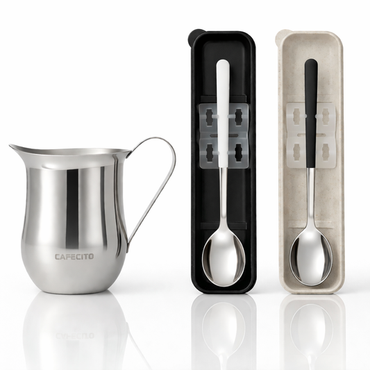 CAFECITO® Espumita Ritual Set with Spoon Cases – Cuban Coffee Preparation Kit with 6 oz Stainless Steel Crema Pitcher & 2 Espresso Whisking Spoons (Black & White) with Portable Storage Cases