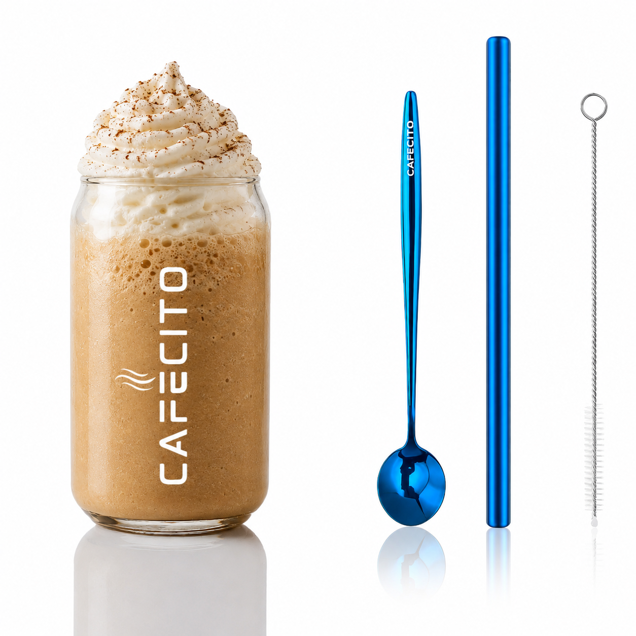 CAFECITO® Iced Coffee Starter Kit – 16 oz Glass Tumbler with Lid, Platinum Blue Spoon and Straw, Cleaning Brush and Storage Bags – Cold Brew and Iced Latte Gift Set