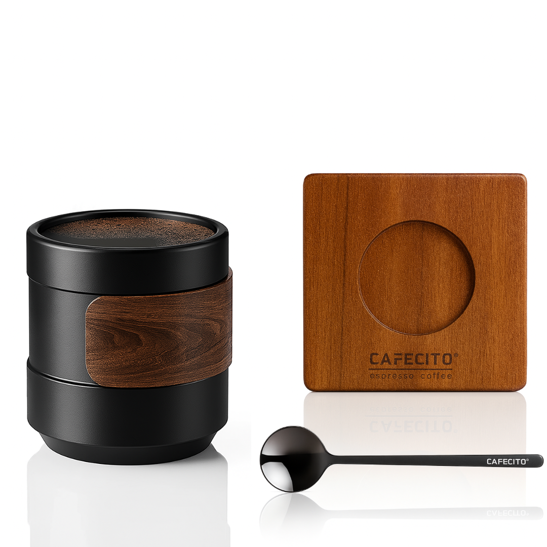 CAFECITO® Cortadito Cup Set – 5 oz Ceramic Espresso Cup with Natural Bamboo Sleeve, Solid Wood Base and Stainless Steel Spoon – Cortado and Espresso Serving Set (150 ml)