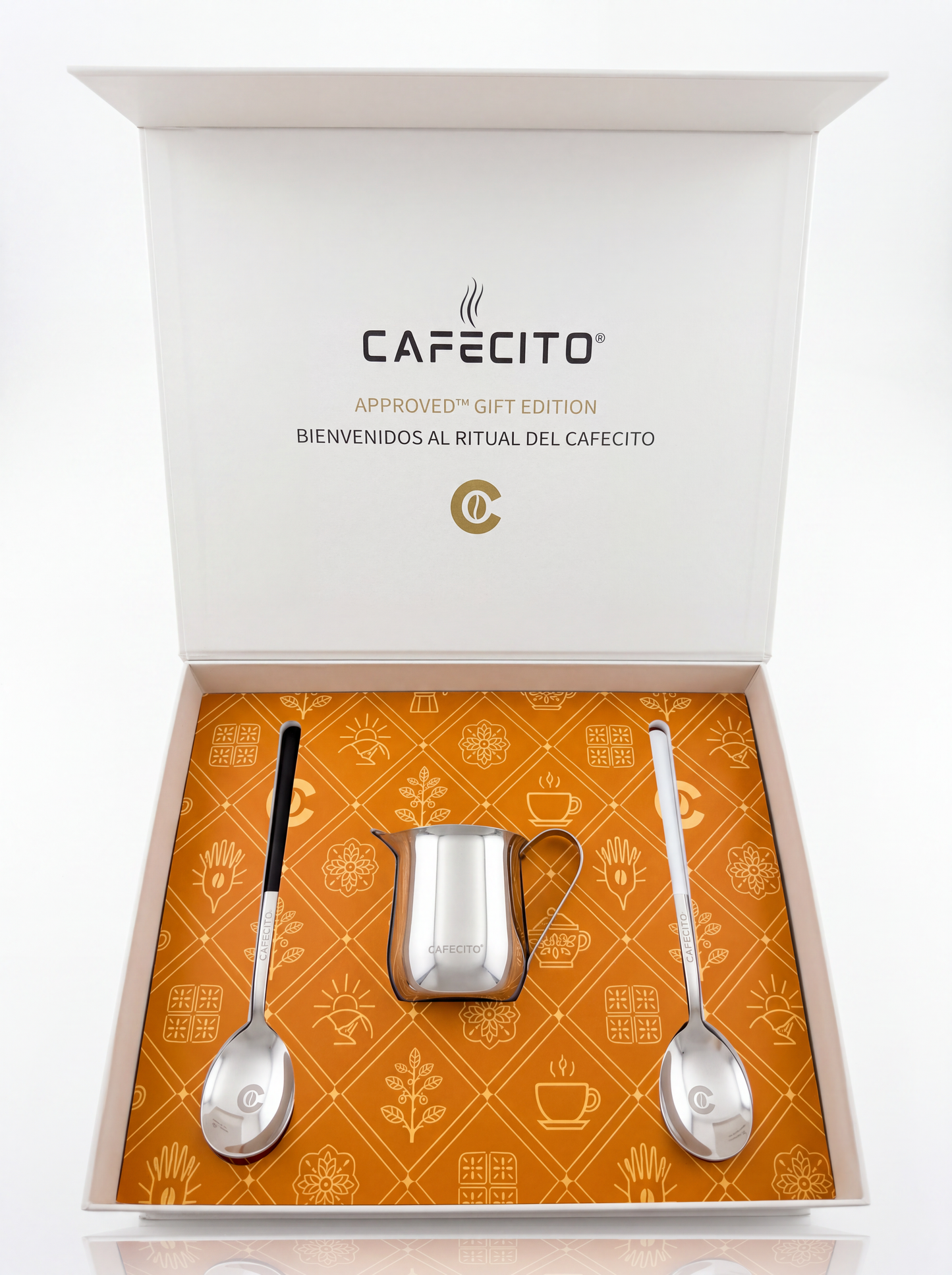 CAFECITO® Espumita Ritual Set – Limited Edition /500 – Cuban Coffee Preparation Set with 6 oz Stainless Steel Crema Pitcher & 2 Whisking Spoons – Premium Magnetic Gift Box