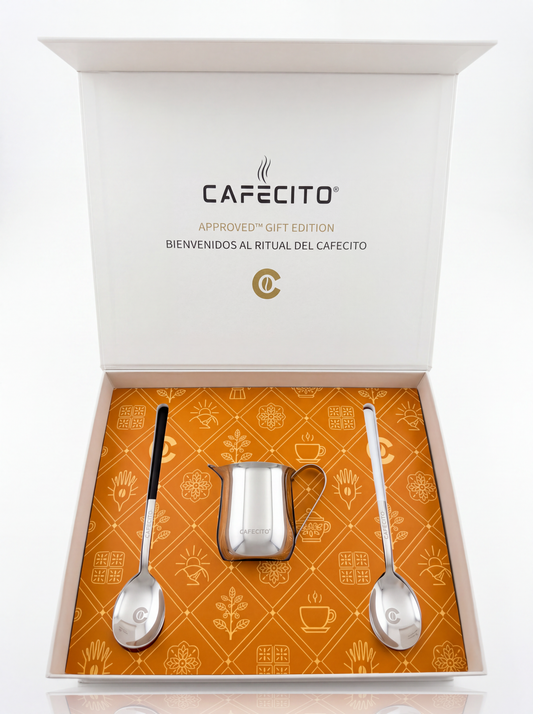 CAFECITO® Espumita Ritual Set – Limited Edition /500 – Cuban Coffee Preparation Set with 6 oz Stainless Steel Crema Pitcher & 2 Whisking Spoons – Premium Magnetic Gift Box
