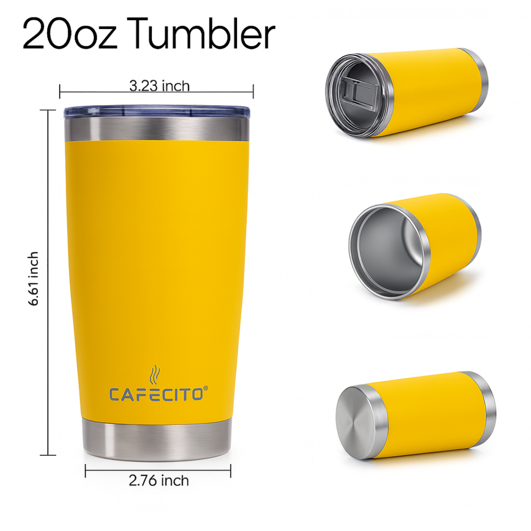 CAFECITO® 20 oz Stainless Steel Vacuum Insulated Tumbler with Slider Lid – Double Wall Travel Mug for Hot and Cold Drinks – BPA-Free, No-Sweat Design – Cup Holder Friendly – Miami Yellow