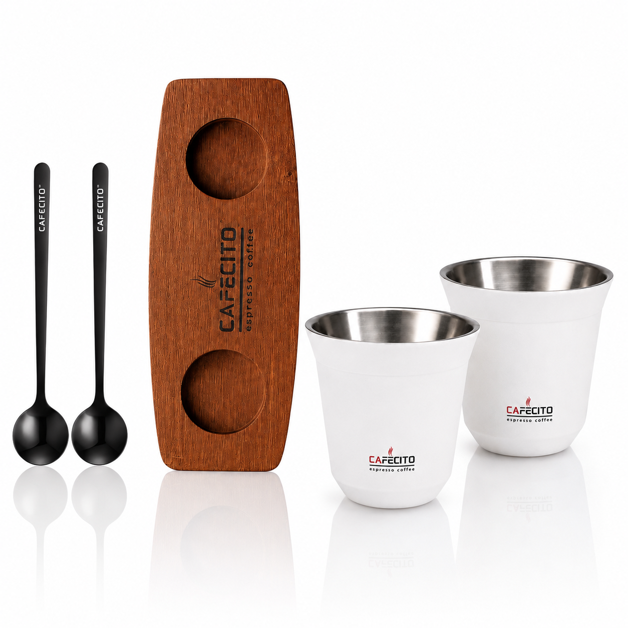 CAFECITO® Double Wall Espresso Cups – Set of 2 Stainless Steel Demitasse Cups with Solid Wood Base and 2 Coffee Spoons – Insulated Gift Set for Espresso, Cortadito and Cafecito