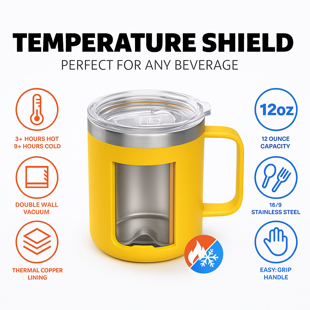 CAFECITO® 12 oz Stackable Mug – Miami Yellow – Vacuum Insulated Stainless Steel Coffee Mug with Sliding Lid – Double Wall, No-Sweat, Durable and Dishwasher Safe