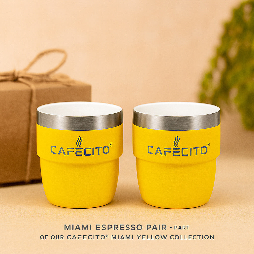CAFECITO® 4 oz Stackable Espresso Cups – Set of 2 – Miami Yellow – Vacuum Insulated Stainless Steel Double Wall Cups for Espresso, Cortadito & Cafecito – Giftable and Stackable Design