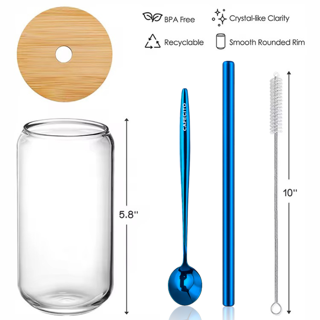CAFECITO® Iced Coffee Starter Kit – 16 oz Glass Tumbler with Lid, Platinum Blue Spoon and Straw, Cleaning Brush and Storage Bags – Cold Brew and Iced Latte Gift Set