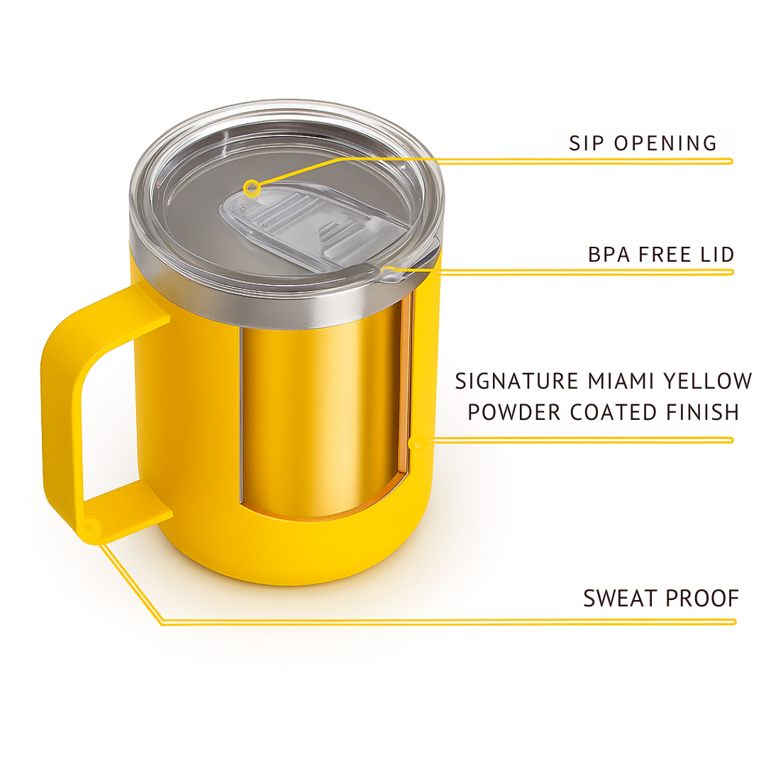 CAFECITO® 12 oz Stackable Mug – Miami Yellow – Vacuum Insulated Stainless Steel Coffee Mug with Sliding Lid – Double Wall, No-Sweat, Durable and Dishwasher Safe