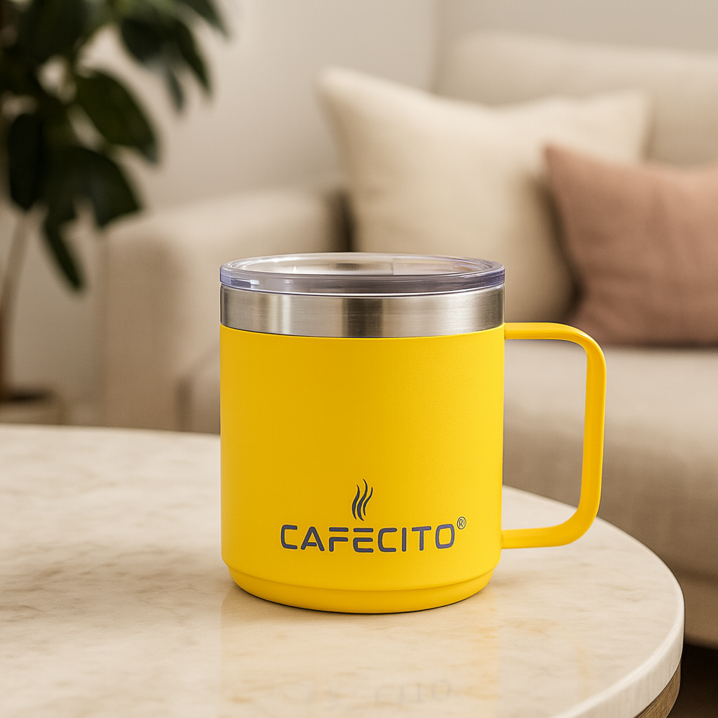 CAFECITO® 12 oz Stackable Mug – Miami Yellow – Vacuum Insulated Stainless Steel Coffee Mug with Sliding Lid – Double Wall, No-Sweat, Durable and Dishwasher Safe