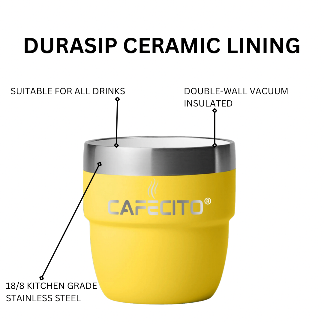 CAFECITO® 4 oz Stackable Espresso Cups – Set of 2 – Miami Yellow – Vacuum Insulated Stainless Steel Double Wall Cups for Espresso, Cortadito & Cafecito – Giftable and Stackable Design